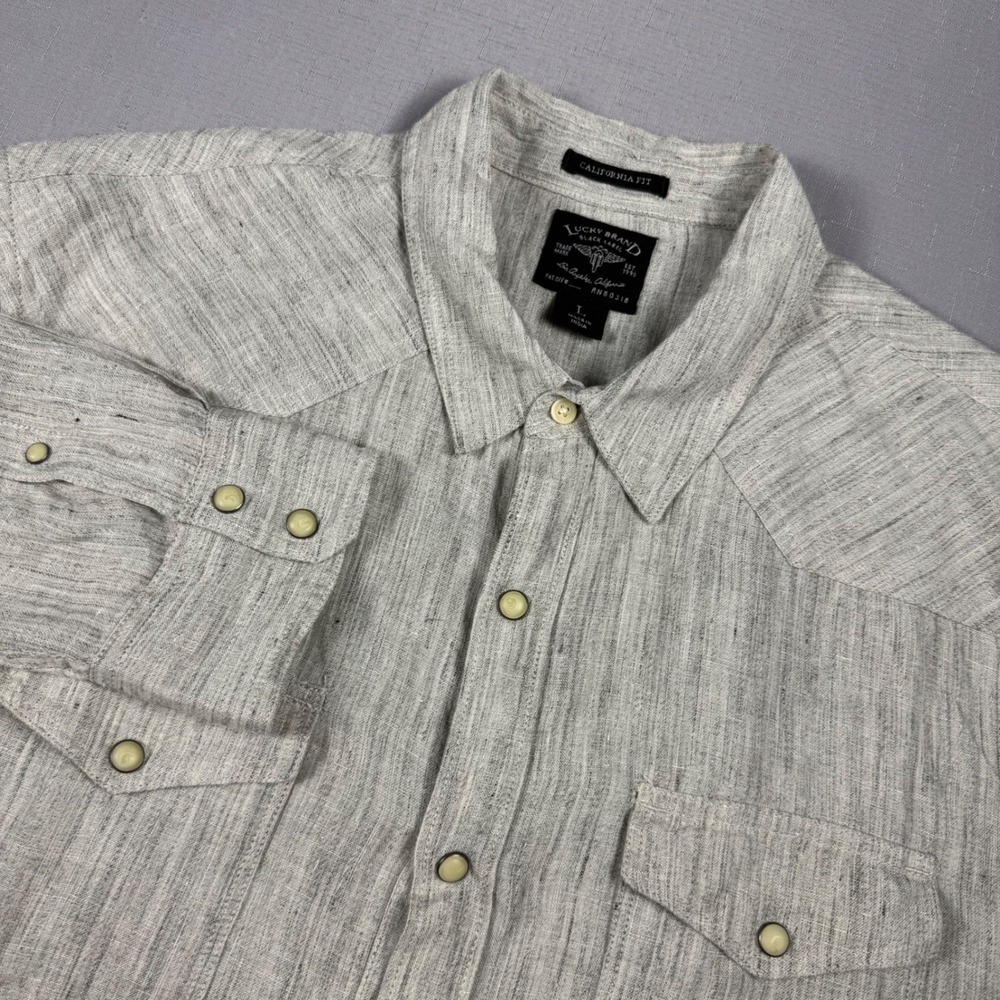 Lucky Brand Black Label Mens Large Grey 100% Linen Western Snap Button Shirt L